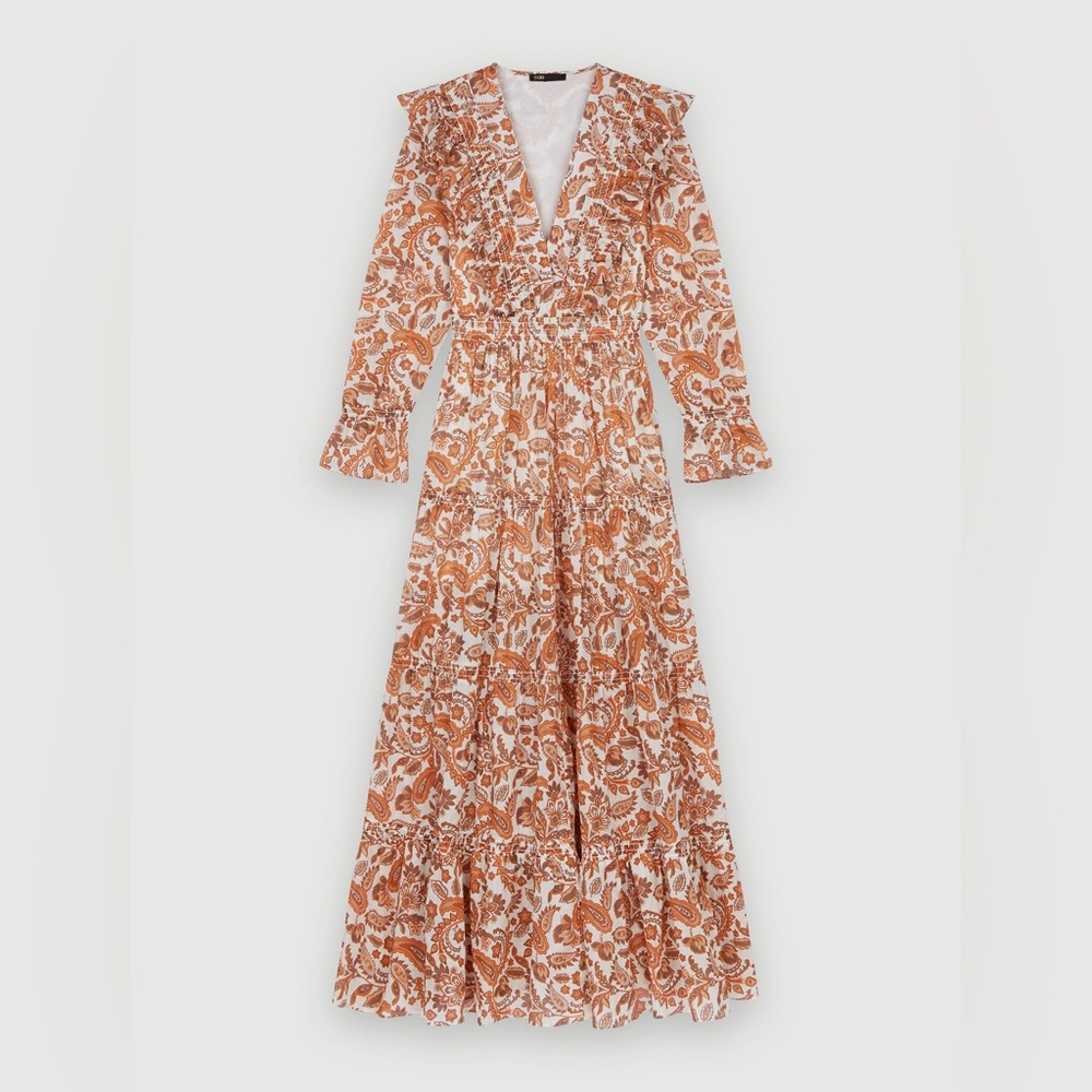 MAJE Ruflina Paisley-Print Frilled Organic-Cotton Maxi Dress - like new! Sz 38